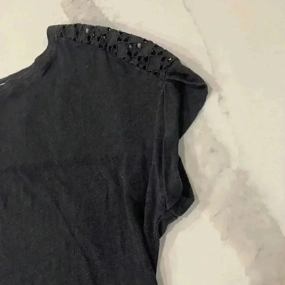 Calvin Klein Slubbed Eyelet Yoke Back Linen Casual Short Sleeve Top Womens Small - Picture 2 of 4